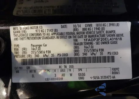 2014 Ford Focus Se from USA, damaged, VIN 1FADP3F20EL431618